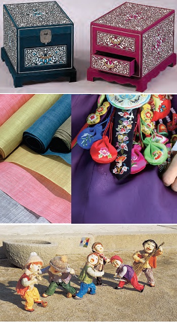 (Top) Women’s toiletry cases; (middle left) Naturally dyed fabrics; (middle right) Embroidered accessories; (bottom) Korean mulberry paper dolls.